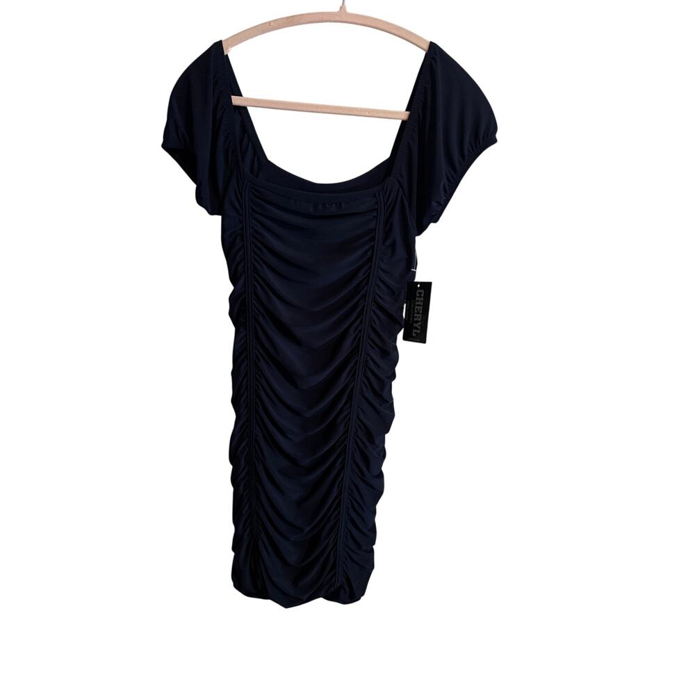 The Original Cheryl Creations Amelia Ruched Bodycon Cap Sleeve Navy Dress NWT